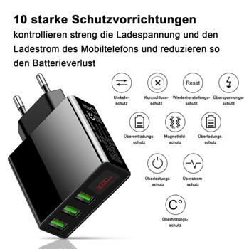 Preview: Intelligentes 3-Port USB-A Netzteil, schwarz, schnelles Laden mit LED-Anzeige, kompakt & leistungsstark, für iPhone, iPad, Samsung, Huawei, Kameras