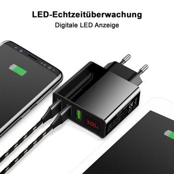 Preview: Intelligentes 3-Port USB-A Netzteil, schwarz, schnelles Laden mit LED-Anzeige, kompakt & leistungsstark, für iPhone, iPad, Samsung, Huawei, Kameras