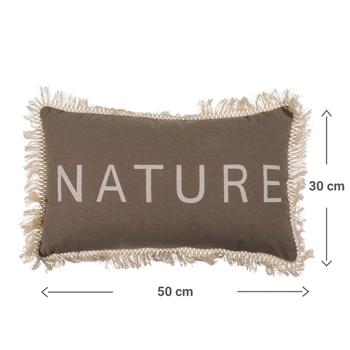 Preview: Dekokissen mit Fransen & Nature Aufdruck - 100% Baumwolle für Wohnzimmer & Lieblingsplatz - 50x30 cm, braun/beige, Reissverschluss, 300g Füllung