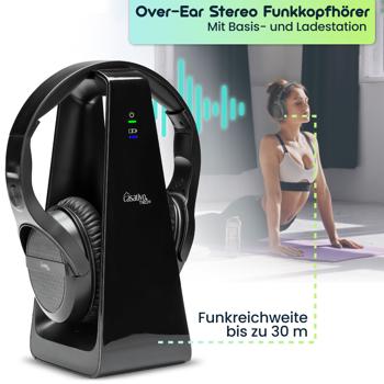 Preview: Digitaler Stereo-Funk-Kopfhörer mit 2-in-1 Funk- & Ladestation – kabellos, 30 m Reichweite, kristallklarer Sound, bequem & leicht, schwarz