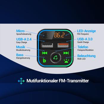 Preview: FM Transmitter mit Bluetooth 5, USB-A Ladeports und Freisprechfunktion, Drahtloser Auto Radio Adapter m. Media Player für den Zigarettenanzünderanschluss