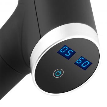 Preview: Kraftvolle Massagepistole mit Akku, 6 Stufen & 5 Köpfen: (24x18x6cm), schwarz-silber, hochwertiges Massagegerät für Tiefenmuskelentspannung