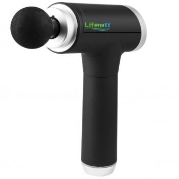 Preview: Kraftvolle Massagepistole mit Akku, 6 Stufen & 5 Köpfen: (24x18x6cm), schwarz-silber, hochwertiges Massagegerät für Tiefenmuskelentspannung