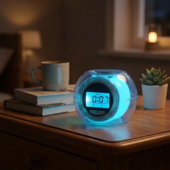 Preview: Tischwecker - LED-Beleuchtung, Farbwechsel & Naturgeräusche - Uhr, Datum, Weckfunktion, Innentemperaturanzeige - Kompakt, weiss/transparent