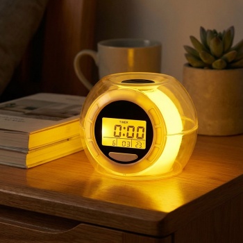 Preview: Tischwecker - LED-Beleuchtung, Farbwechsel & Naturgeräusche - Uhr, Datum, Weckfunktion, Innentemperaturanzeige - Kompakt, weiss/transparent