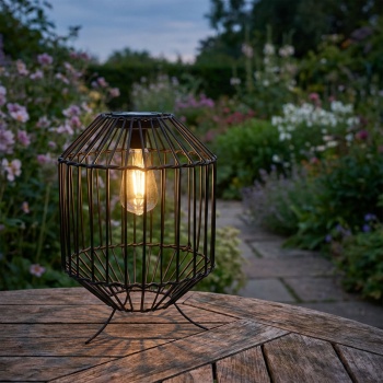 Schwarze Solar Laterne im Landhausstil, H31,5cm, Ø 25 cm – Metallstreben, atmosphärische Gartenbeleuchtung mit Vintage Charme
