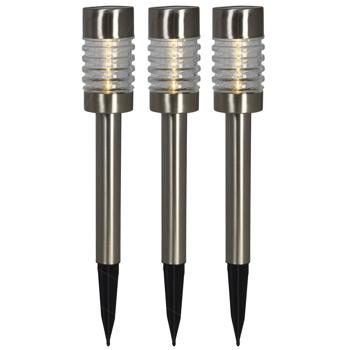 Preview: Solarlampen 3er-Set - Warmweisses Licht für Garten, Einfahrt, Terrasse - Edelstahl & Glas, Silber, Ø 7,5 x H 54 cm - Inkl. Akku