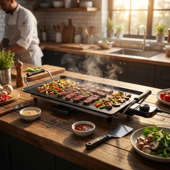 Teppanyaki Tischgrill, starke 2000W, für geselliges Grillen – 47 x 26,5 cm, Antihaft, Cool-Touch, Elektrischer Tischgrill für jede Gelegenheit