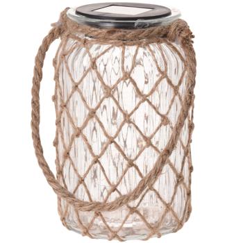 Preview: Solarlaterne aus Glas mit Juteschnur - Dekorative Hängeleuchte für Garten & Pergola - Ø 11cm, Höhe 18,5 cm, 6h Leuchtdauer - Witterungsbeständig