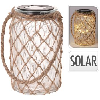 Preview: Solarlaterne aus Glas mit Juteschnur - Dekorative Hängeleuchte für Garten & Pergola - Ø 11cm, Höhe 18,5 cm, 6h Leuchtdauer - Witterungsbeständig