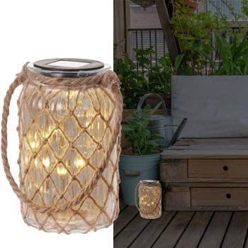 Solarlaterne aus Glas mit Juteschnur - Dekorative Hängeleuchte für Garten & Pergola - Ø 11cm, Höhe 18,5 cm, 6h Leuchtdauer - Witterungsbeständig