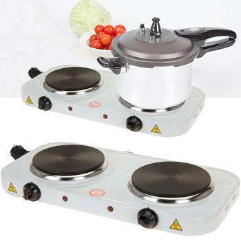 Elektrische Doppel-Kochplatte 2.000W - Tragbares 2-Flammen Gusseisen Kochfeld für Camping, Garten & Reisen - 5 Heizstufen, 2x Ø 15.5 cm