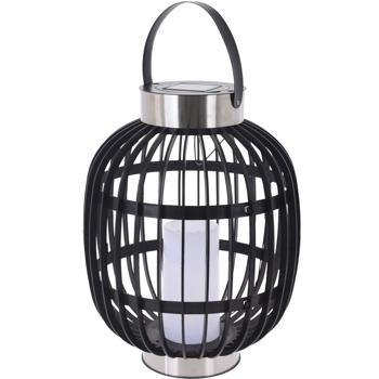 Preview: Stilvolle Solar-Gartenlaterne in Rattan-Optik: Edelstahl-Ringe, LED-Kerze, 35x45cm, Schwarz – Dekorative Aussenbeleuchtung