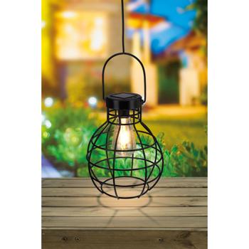 Preview: Solarlaterne Metall Schwarz - Solarbetriebene Pendelleuchte für Garten, Camping & Deko - Inkl. Solarmodul & Akku - Warmweisses Licht bis 6h - 180x180x255mm
