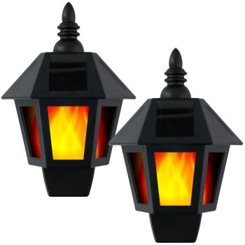 Preview: Solar-Wandlaterne 2er-Set - Romantischer Flammeneffekt für Garten, Balkon, Terrasse - Spritzwassergeschützt, Solarbetrieben, Schwarz, 19,5 x 10 x 27,5 cm