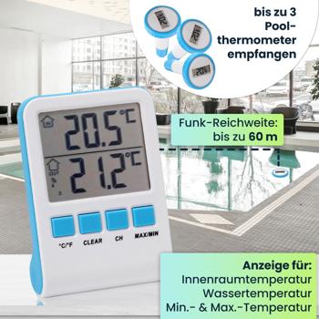 Preview: 2er-Set Digitales Funk-Poolthermometer mit LCD-Basisstation - Präziser IPX8 Sender für Teich & Pool - Funk-Reichweite 60m - 433 MHz - Bis zu 3 Thermometer
