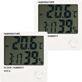 2er-Set Digitales Hygrometer & Thermometer mit Aussenfühler, Uhr & Wecker: LCD Display, weiss – Raumklima präzise messen
