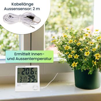Preview: 2er-Set Digitales Hygrometer & Thermometer mit Aussenfühler, Uhr & Wecker: LCD Display, weiss – Raumklima präzise messen