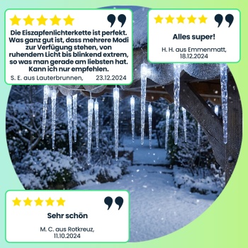 Preview: Eiszapfen-LED-Lichterkette - 8 Leuchtmodi & Timer - Kaltweisses Licht - IP44 Schutzart - 72 LEDs - 6.90m Länge - Für Aussenbereich - Weihnachtsdeko