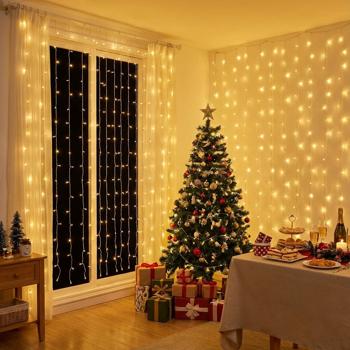 2er-Set LED Lichtervorhang warmweiss - 240 LEDs, 12 Modi, 225x150cm - IP44 Aussen/Innen, USB-Stromversorgung - für Weihnachten & Partys