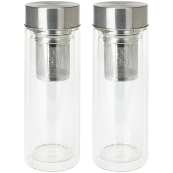 Preview: 2er-Set Doppelwandige Glas-Trinkflasche mit Siebeinsatz - Hält Getränke länger warm/kalt - 300ml Borosilikatglas - Spülmaschinenfest, BPA-frei