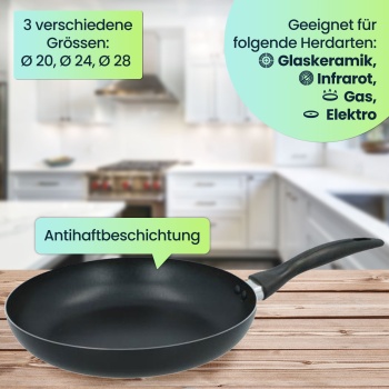 Preview: Bratpfannen 3er-Set – Antihaftbeschichtet & PFOA-frei – Aluminium, Ø 20/24/28 cm – für Gas, Elektro, Infrarot, Glaskeramik – Modernes Design