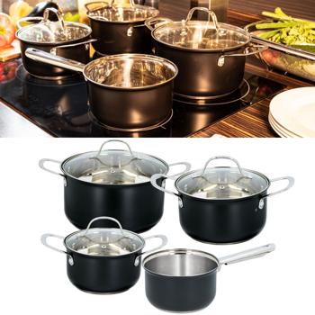 Elegantes 7-teiliges Koch-Topfset, induktionsfähig – Rostfreies Material, schwarz-silber, abgerundete Griffe – Premium Kochgeschirr für beste Ergebnisse