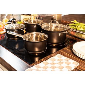 Preview: Elegantes 7-teiliges Koch-Topfset, induktionsfähig – Rostfreies Material, schwarz-silber, abgerundete Griffe – Premium Kochgeschirr für beste Ergebnisse