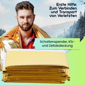 Preview: 5er Set Zuverlässige Rettungsdecke, 210 x 160 cm, gold - silber, Wärmefolie auch ideal für Sport, Camping und Outdoor Abenteuer, ein Produkt der NASA