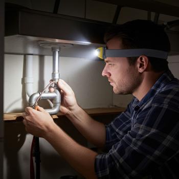 Preview: Aufladbare LED-Kopflampe (USB): Helle Stirnlampe (grau/gelb) für komfortable Ausleuchtung. Freihändige Beleuchtung für Outdoor & Arbeit