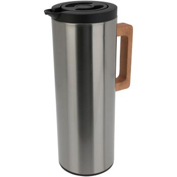 Preview: Isolierkanne Edelstahl 1L mit Holzgriff – Hält Heiss/Kalt - Doppelwandig, Auslaufsicher, Einhand-Bedienung – Edles Design für Kaffee & Tee