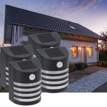 4er-Set Moderne Solar-Aussenlampe (schwarz) mit PIR-Sensor - warmweisses LED-Licht, IP44, helle Wandleuchte für effiziente Beleuchtung