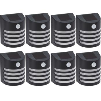 Preview: 8er-Set Moderne Solar-Aussenlampe (schwarz) mit PIR-Sensor - warmweisses LED-Licht, IP44, helle Wandleuchte für effiziente Beleuchtung