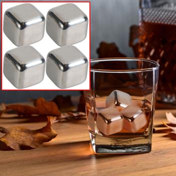 4er-Set Kühlsteine Edelstahl - Wiederverwendbare Eiswürfel für Whisky & Getränke - Kein Verwässern - Spülmaschinenfest - Geruchs-/Geschmacksneutral - 27x27x27mm