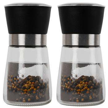 2er-Set Gewürzmühle mit Keramik-Mahlwerk - Für Salz, Pfeffer & Kräuter - Stufenlos einstellbar, hygienisch, Glas & Edelstahl, 13 cm Höhe