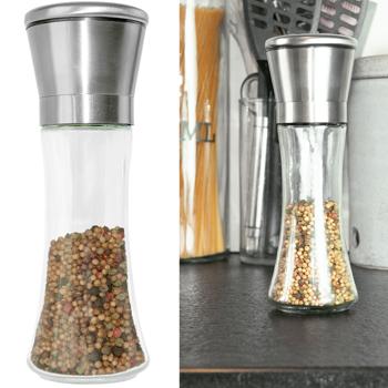 Manuelle Pfeffermühle, Gewürz- und Salzmühle mit Keramik-Mahlwerk, aus hochwertigem Glas und Edelstahl, 19 cm