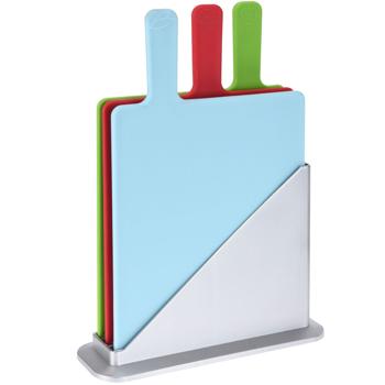 3er Set Schneidebretter inkl. Standhalterung - Für Küchenhygiene - Robustes Polypropylen, spülmaschinenfest, 3farbig (Blau, Grün, Rot), 32x19.6x0.7cm