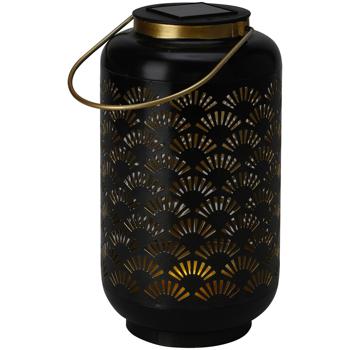 Preview: Solar Laterne Metall schwarz - Warmweisses Licht & goldene Applikationen - Ø 13 x H 23,5 cm - NiMH 250 mAh Akku - 6h Leuchtdauer - Garten, Balkon, Terrasse