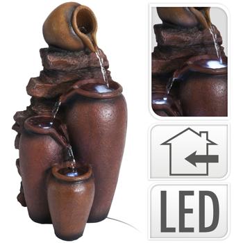 Preview: Entspannender Amphoren-Zimmerbrunnen mit LEDs, 21,5cm – Naturstein-Design, leise Pumpe, braune Krüge, Atmosphäre pur