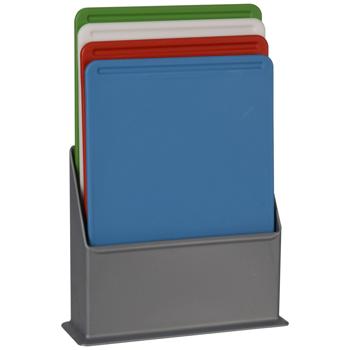 Preview: 4er-Set Schneidebretter farbig - Hygienische Küchenbretter ohne Kreuzinfektionen - Aus Polypropylen, spülmaschinenfest, 20.5x15x0.5 cm, mit Ständer