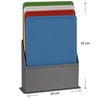 Preview: 4er-Set Schneidebretter farbig - Hygienische Küchenbretter ohne Kreuzinfektionen - Aus Polypropylen, spülmaschinenfest, 20.5x15x0.5 cm, mit Ständer