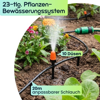 Preview: 23-tlg. Pflanzen-Bewässerungssystem: 20m anpassbarer Schlauch + 10 Düsen für zeitsparende, effiziente Bewässerung. Maximale Leistung für Ihren Garten