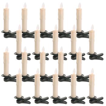 Preview: 20er LED-Weihnachtsbaum-Kerzen-Set - Kabellose 10cm Christbaumkerzen mit Flacker-Effekt & Fernbedienung - Timer (6h) - Grüne Krokodilklemme