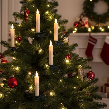 Preview: 20er LED-Weihnachtsbaum-Kerzen-Set - Kabellose 10cm Christbaumkerzen mit Flacker-Effekt & Fernbedienung - Timer (6h) - Grüne Krokodilklemme