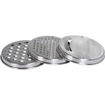 Preview: Rührschüssel Edelstahl mit Deckel und 3 Reibeinsätzen, Salatschüssel Ø 25,5 cm mit Reibe fein, grob und Scheiben, rutschfester Boden, spülmaschinenfest