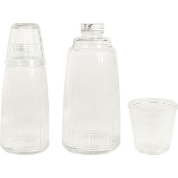 Preview: Glasflasche mit Trinkglas - 1 Liter geripptes Glas - nachhaltig, hygienisch, spülmaschinenfest - 230ml Glasvolumen - 715g Gesamtgewicht