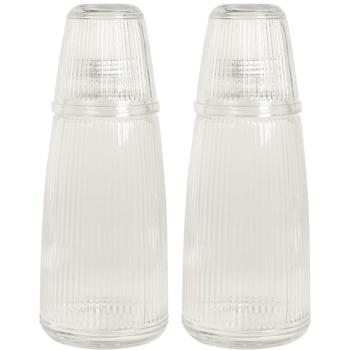 Preview: 2er-Set Glasflasche mit Trinkglas 1L - Hygienisch & stilvoll für Wasser/Säfte - Geripptes Design - Nachhaltig & geruchsneutral - 230ml Gläser