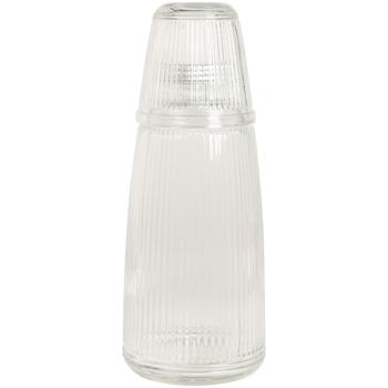 Preview: 2er-Set Glasflasche mit Trinkglas 1L - Hygienisch & stilvoll für Wasser/Säfte - Geripptes Design - Nachhaltig & geruchsneutral - 230ml Gläser