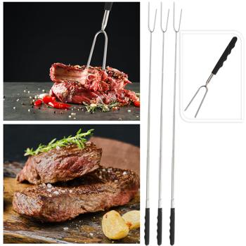 3er-Set Grillgabel Teleskopgriff - Schutz vor Hitze bis 72 cm ausziehbar - Geruchs-/Geschmacksneutraler Edelstahl - 52g - Schwarz Griff