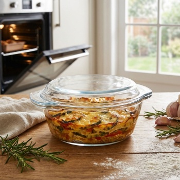 Glas Auflaufform mit Deckel rund 1000ml - Hitzebeständig bis 240°C - Spülmaschinen- & mikrowellengeeignet - Zum Backen, Servieren & Einfrieren